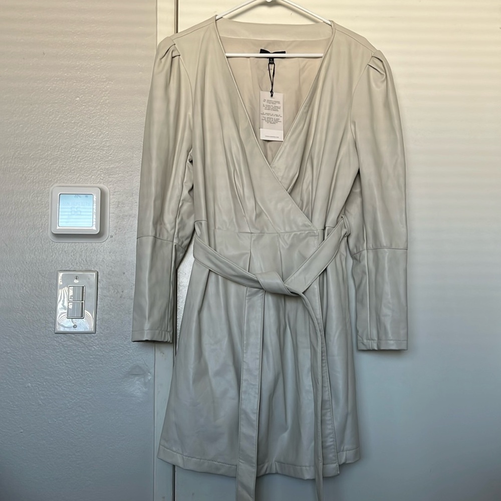 Beige faux leather her belted dresss